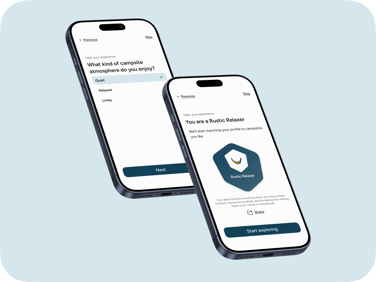 Campster profile setup screens on two phones.
