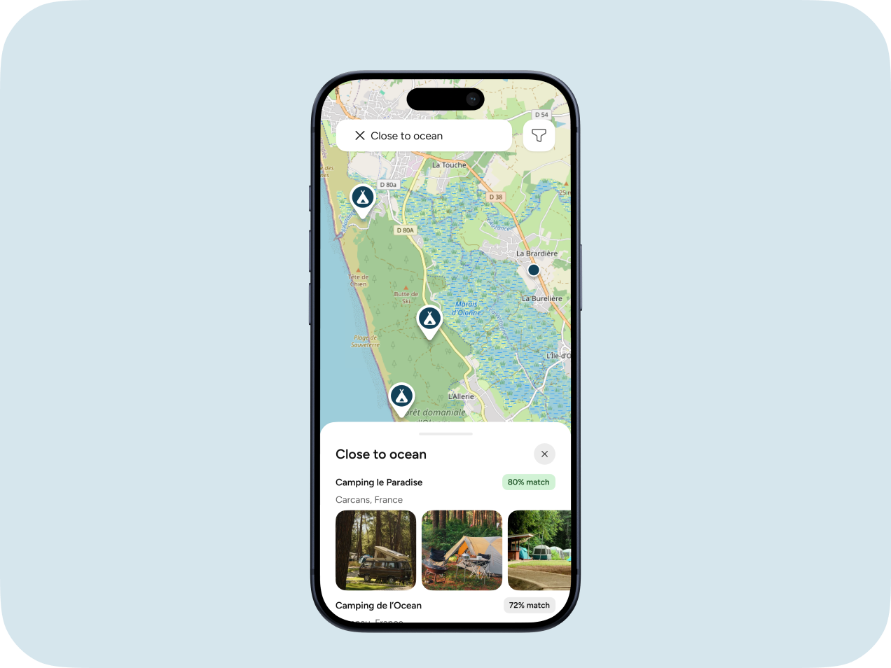 Campster map search showing campsites close to the ocean.