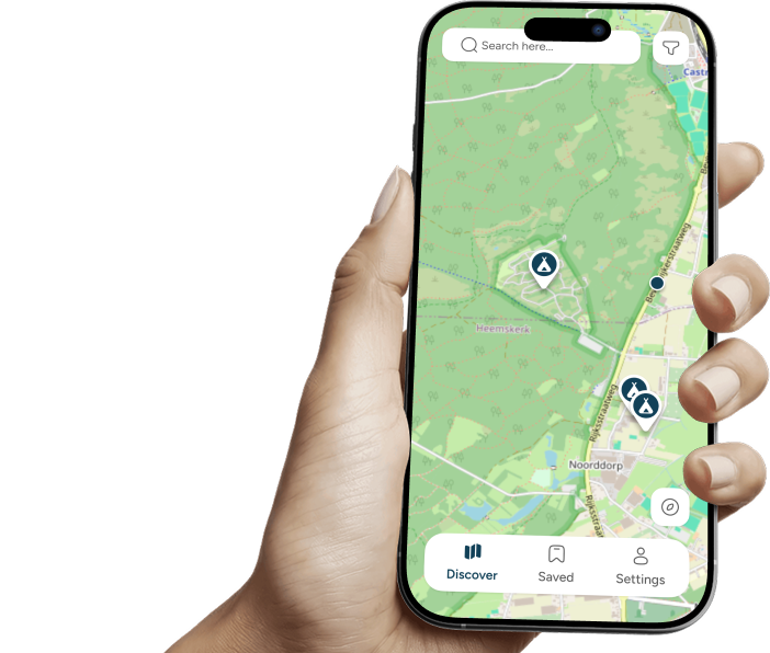 Campster map view showing nearby campsites on a phone.