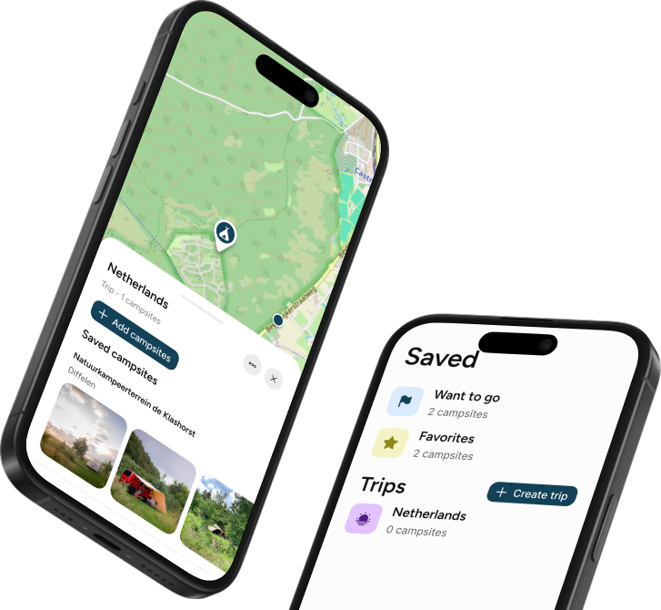 Campster saved campsites and trips screens on two phones.